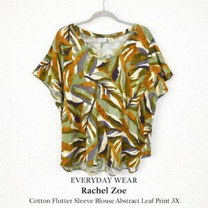 Rachel Zoe Cotton Flutter Sleeve Blouse Abstract Leaf Print 3X